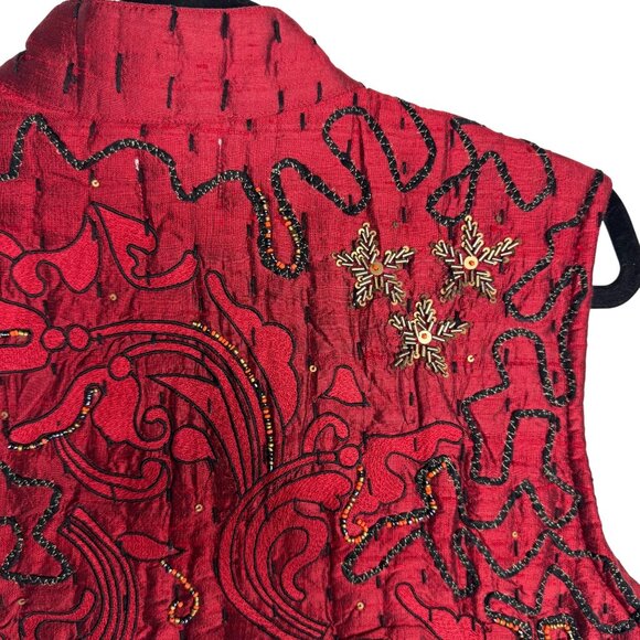 Chicos Red‎ Embroidered Quilted 100% Silk Vest Size 1 Front Zip Size 1 (M/8) - Picture 9 of 12